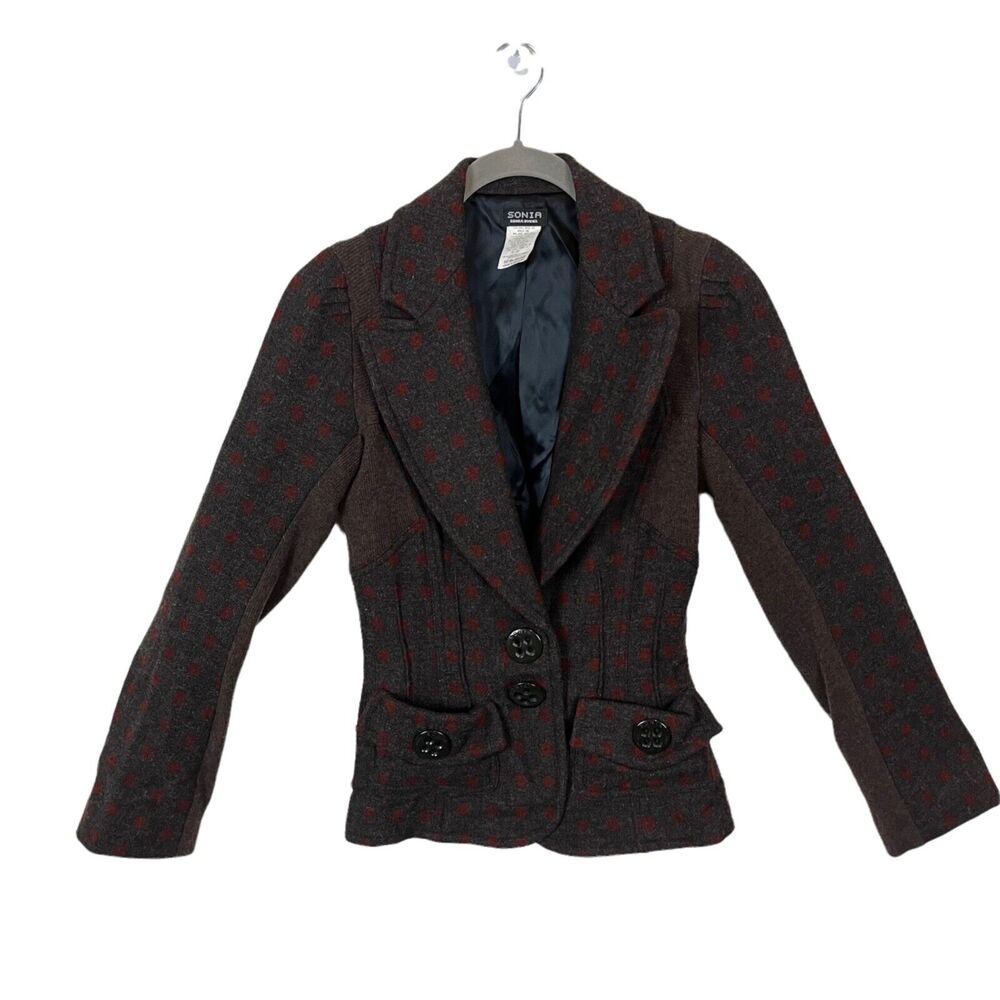 SONIA RYKIEL Blazer Brown Gray Red Dot Funky Princess Seam Wool Colorblock XS